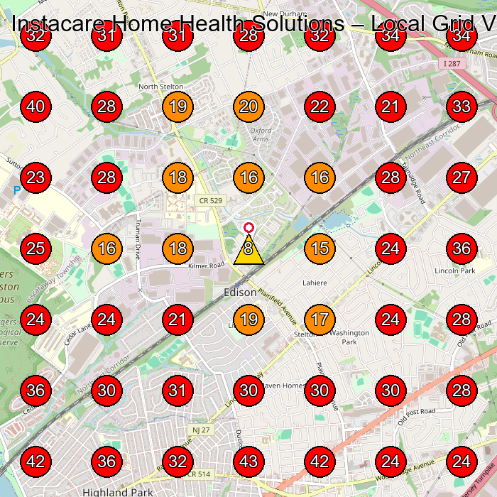 Instacare Home Health Solutions GeoGrid visibility map for Home Health Care Service in Edison